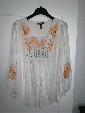 Style & Co. White Tunic Blouse with Orange Floral Embroidery